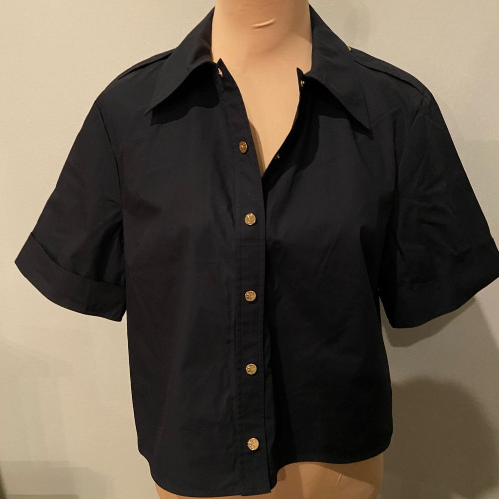 Tory Burch Black Camp Shirt Short-Sleeve Button-Down with Gold Buttons